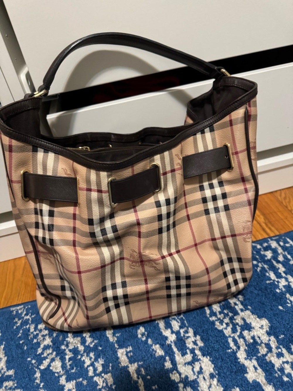 Burberry Beige Plaid Shoulder Bag with Dark Trim